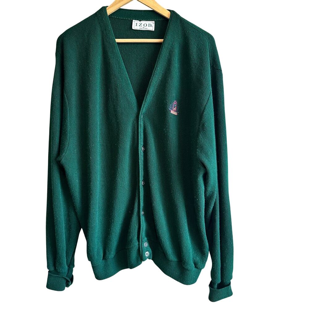 IZOD Vintage Cardigan Sweater Crest Grandpa Green XL